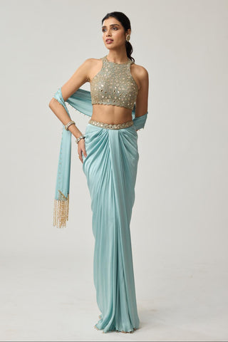 Draped Skirt Set for Indian Wedding – Powder Blue Festive Mirror Satin by Vvani by Vani Vats