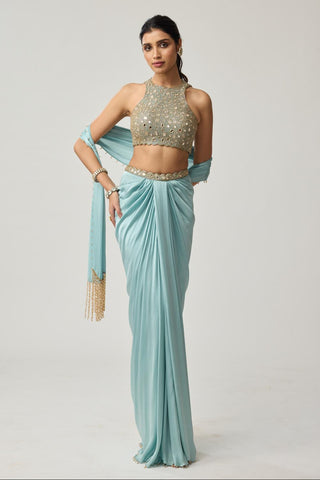 Draped Skirt Set for Indian Wedding – Powder Blue Festive Mirror Satin by Vvani by Vani Vats