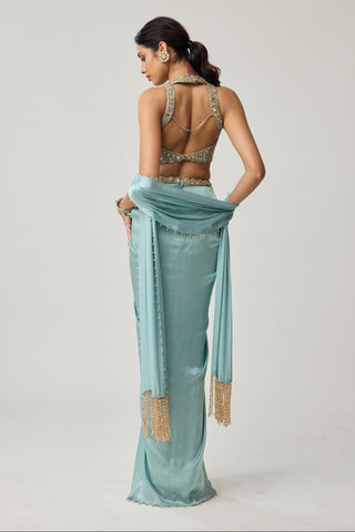 Draped Skirt Set for Indian Wedding – Powder Blue Festive Mirror Satin by Vvani by Vani Vats