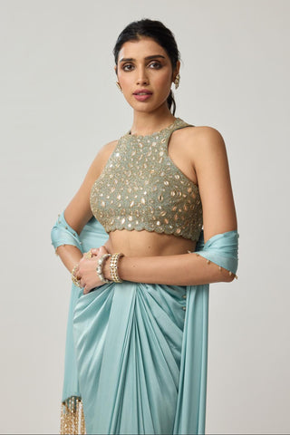 Draped Skirt Set for Indian Wedding – Powder Blue Festive Mirror Satin by Vvani by Vani Vats