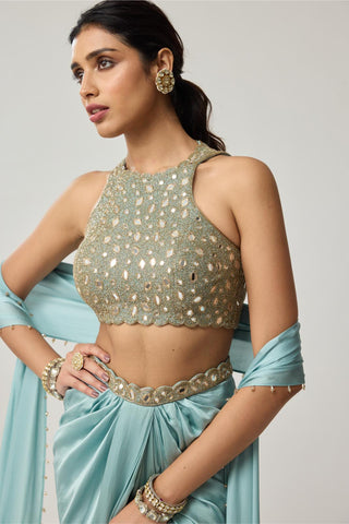 Draped Skirt Set for Indian Wedding – Powder Blue Festive Mirror Satin by Vvani by Vani Vats