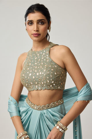 Draped Skirt Set for Indian Wedding – Powder Blue Festive Mirror Satin by Vvani by Vani Vats