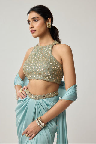 Draped Skirt Set for Indian Wedding – Powder Blue Festive Mirror Satin by Vvani by Vani Vats