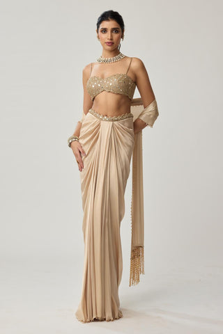 Draped Skirt Set for Indian Wedding – Light Beige Festive Mirror Satin by Vvani by Vani Vats