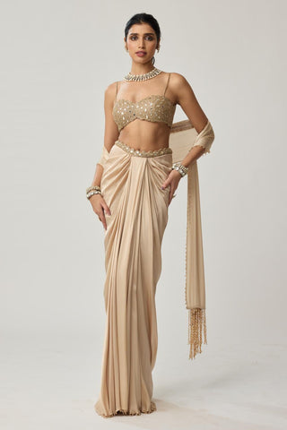 Draped Skirt Set for Indian Wedding – Light Beige Festive Mirror Satin by Vvani by Vani Vats