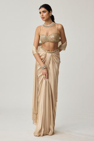 Draped Skirt Set for Indian Wedding – Light Beige Festive Mirror Satin by Vvani by Vani Vats