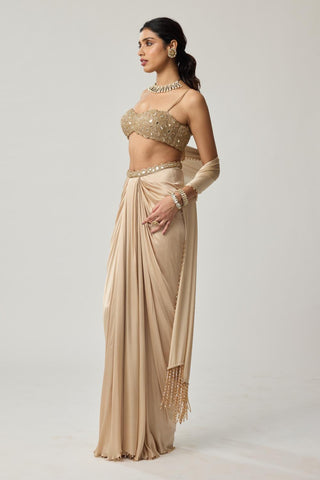 Draped Skirt Set for Indian Wedding – Light Beige Festive Mirror Satin by Vvani by Vani Vats