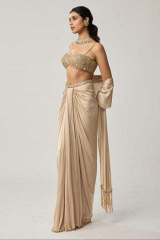 Draped Skirt Set for Indian Wedding – Light Beige Festive Mirror Satin by Vvani by Vani Vats