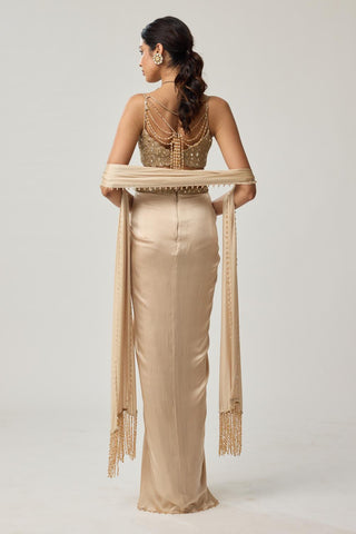 Draped Skirt Set for Indian Wedding – Light Beige Festive Mirror Satin by Vvani by Vani Vats