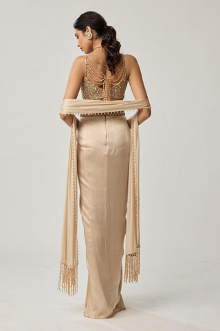 Draped Skirt Set for Indian Wedding – Light Beige Festive Mirror Satin by Vvani by Vani Vats