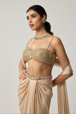 Draped Skirt Set for Indian Wedding – Light Beige Festive Mirror Satin by Vvani by Vani Vats