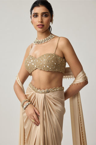 Draped Skirt Set for Indian Wedding – Light Beige Festive Mirror Satin by Vvani by Vani Vats