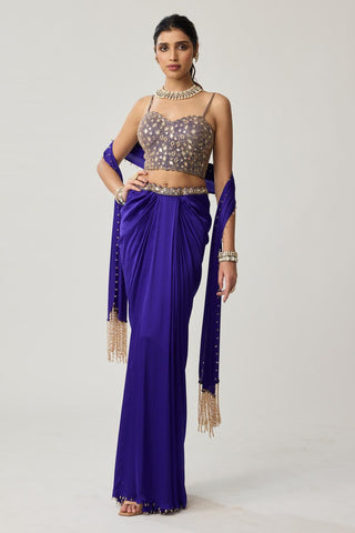 Mirror Corset Satin Draped Skirt Set for Indian Wedding – Blue Festive by Vvani by Vani Vats