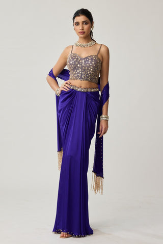 Mirror Corset Satin Draped Skirt Set for Indian Wedding – Blue Festive by Vvani by Vani Vats