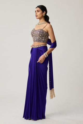 Mirror Corset Satin Draped Skirt Set for Indian Wedding – Blue Festive by Vvani by Vani Vats