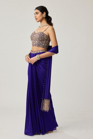 Mirror Corset Satin Draped Skirt Set for Indian Wedding – Blue Festive by Vvani by Vani Vats