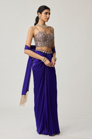 Mirror Corset Satin Draped Skirt Set for Indian Wedding – Blue Festive by Vvani by Vani Vats