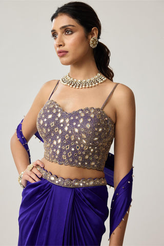 Mirror Corset Satin Draped Skirt Set for Indian Wedding – Blue Festive by Vvani by Vani Vats
