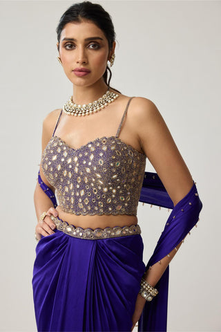 Mirror Corset Satin Draped Skirt Set for Indian Wedding – Blue Festive by Vvani by Vani Vats