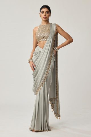 Mirror Satin Saree Set for Indian Wedding – Powder Gray Festive by Vvani by Vani Vats