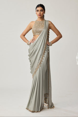 Mirror Satin Saree Set for Indian Wedding – Powder Gray Festive by Vvani by Vani Vats