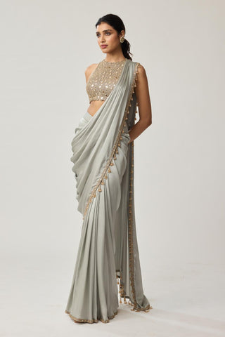 Mirror Satin Saree Set for Indian Wedding – Powder Gray Festive by Vvani by Vani Vats