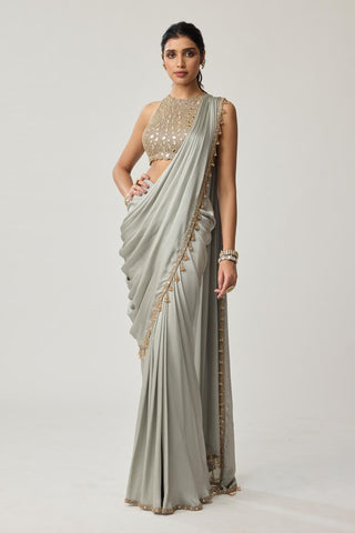 Mirror Satin Saree Set for Indian Wedding – Powder Gray Festive by Vvani by Vani Vats