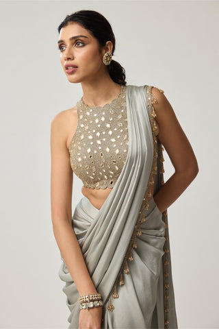 Mirror Satin Saree Set for Indian Wedding – Powder Gray Festive by Vvani by Vani Vats