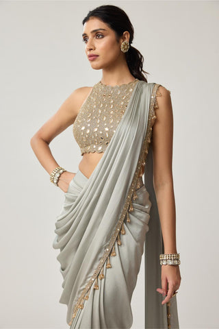 Mirror Satin Saree Set for Indian Wedding – Powder Gray Festive by Vvani by Vani Vats