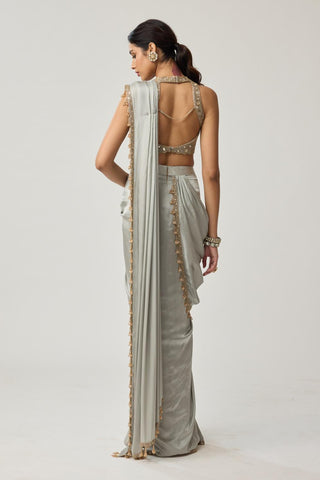 Mirror Satin Saree Set for Indian Wedding – Powder Gray Festive by Vvani by Vani Vats