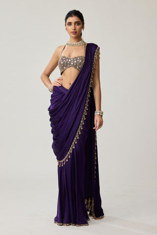 Mirror Draped Saree Set for Indian Wedding – Purple Festive by Vvani by Vani Vats