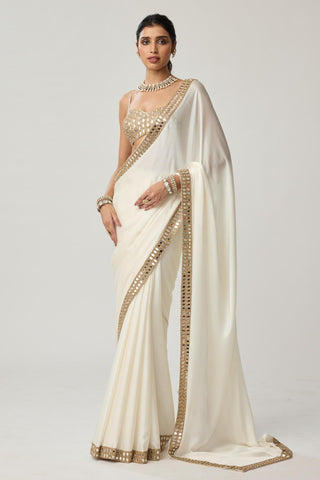Saree Set for Indian Wedding – Off White Festive Mirror Satin by Vvani by Vani Vats