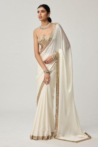 Saree Set for Indian Wedding – Off White Festive Mirror Satin by Vvani by Vani Vats