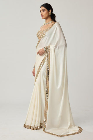 Saree Set for Indian Wedding – Off White Festive Mirror Satin by Vvani by Vani Vats