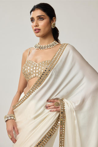 Saree Set for Indian Wedding – Off White Festive Mirror Satin by Vvani by Vani Vats