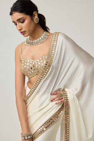 Saree Set for Indian Wedding – Off White Festive Mirror Satin by Vvani by Vani Vats