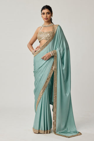 Saree Set for Indian Wedding – Powder Blue Festive Mirror Satin by Vvani by Vani Vats