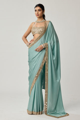 Saree Set for Indian Wedding – Powder Blue Festive Mirror Satin by Vvani by Vani Vats