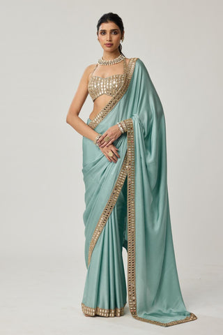 Saree Set for Indian Wedding – Powder Blue Festive Mirror Satin by Vvani by Vani Vats