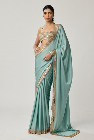 Saree Set for Indian Wedding – Powder Blue Festive Mirror Satin by Vvani by Vani Vats