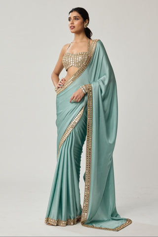 Saree Set for Indian Wedding – Powder Blue Festive Mirror Satin by Vvani by Vani Vats