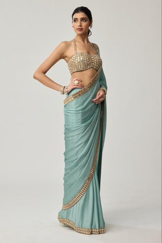 Saree Set for Indian Wedding – Powder Blue Festive Mirror Satin by Vvani by Vani Vats