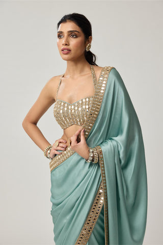 Saree Set for Indian Wedding – Powder Blue Festive Mirror Satin by Vvani by Vani Vats