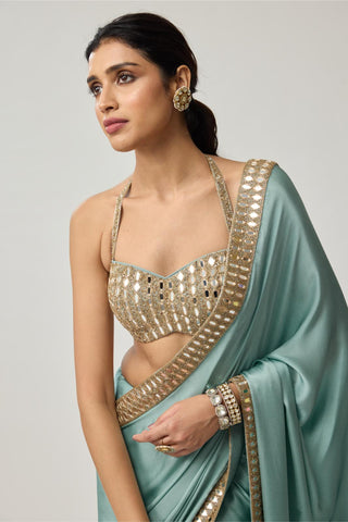 Saree Set for Indian Wedding – Powder Blue Festive Mirror Satin by Vvani by Vani Vats