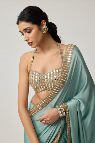 Saree Set for Indian Wedding – Powder Blue Festive Mirror Satin by Vvani by Vani Vats
