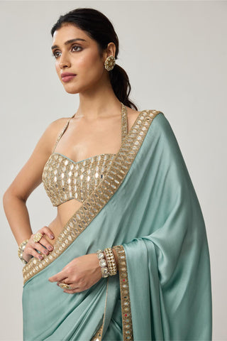 Saree Set for Indian Wedding – Powder Blue Festive Mirror Satin by Vvani by Vani Vats