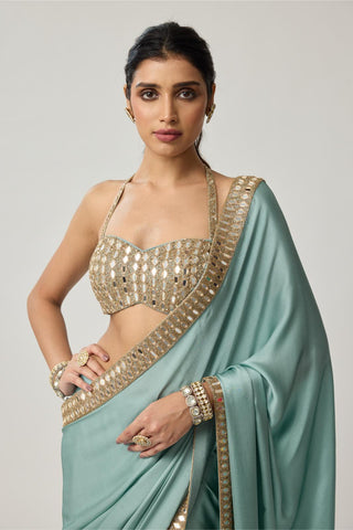 Saree Set for Indian Wedding – Powder Blue Festive Mirror Satin by Vvani by Vani Vats