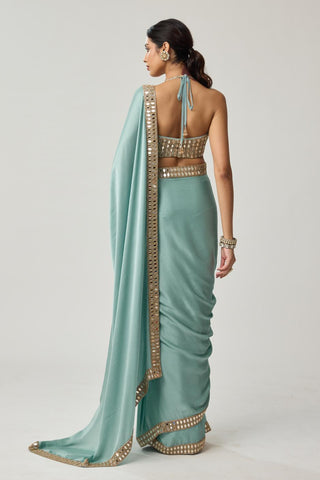 Saree Set for Indian Wedding – Powder Blue Festive Mirror Satin by Vvani by Vani Vats