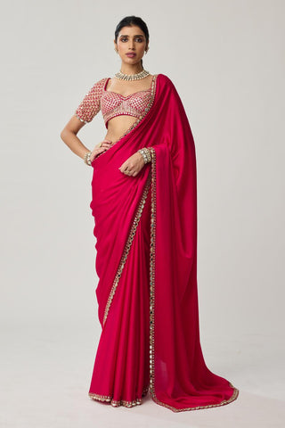 Gota Mirror Satin Saree Set for Indian Wedding – Red Festive by Vvani by Vani Vats