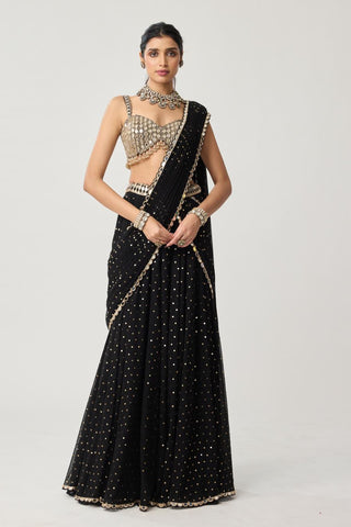 Saree Set for Contemporary Wear – Black Flared Georgette Pants by Vvani by Vani Vats